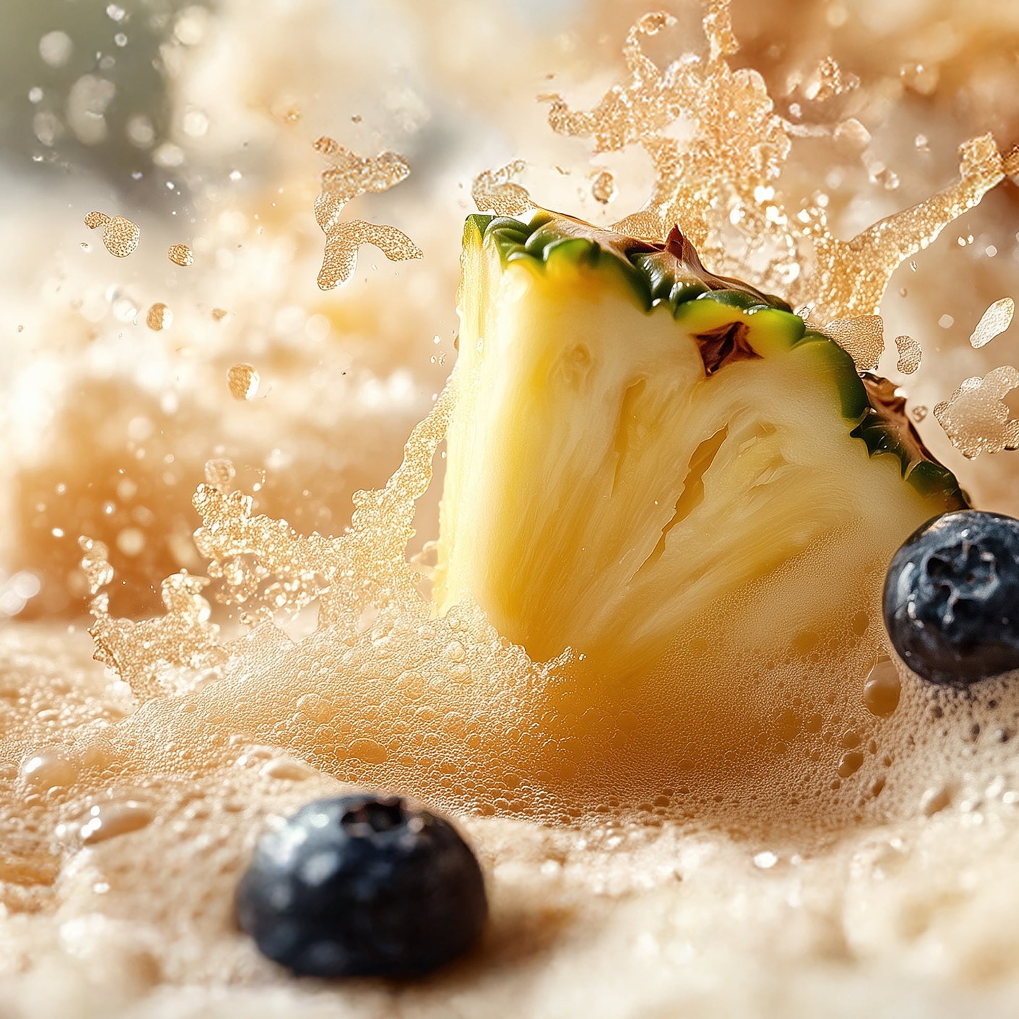 Frischer Ananaskeil mit grüner Schale und zwei Blaubeeren in goldgelbem Saft von kukki Cocktail