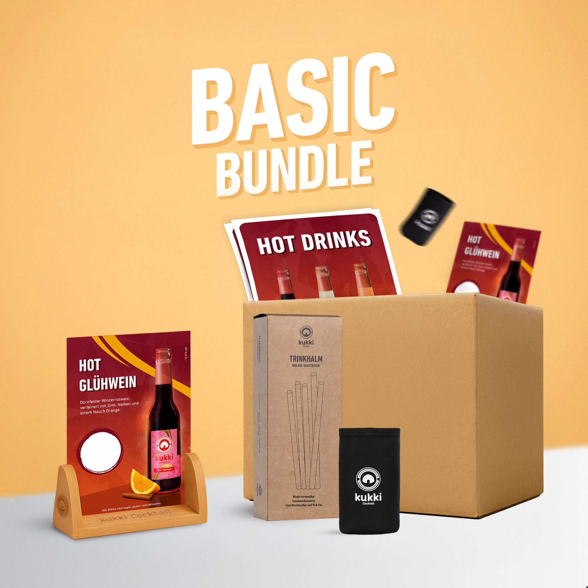 Basic Bundle mit hot glühwein, vegan, glutenfrei, Bio-Trinkhalme und schwarzer kukki Cocktail-Isolierhülle