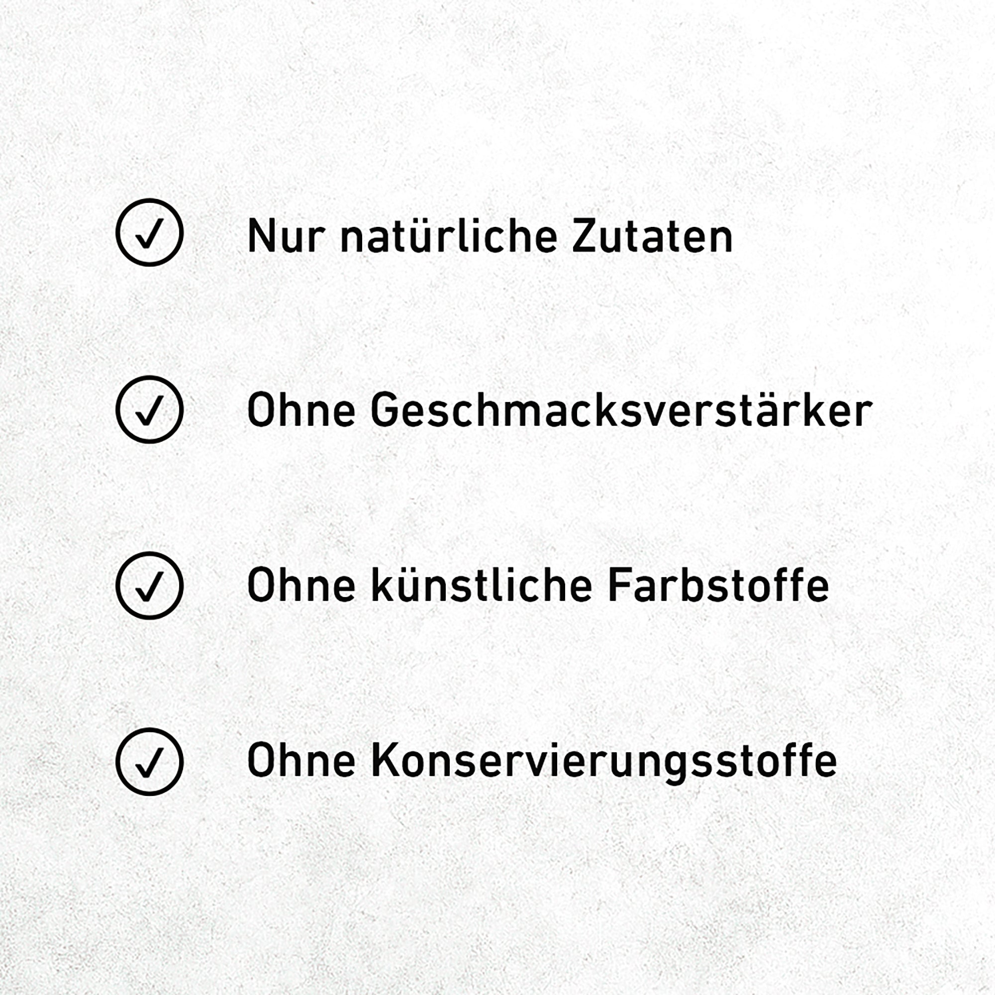 Checkliste mit vier Punkten zu kukki Cocktail Zutaten ohne Geschmacksverstärker, Farbstoffe oder Konservierungsstoffe.