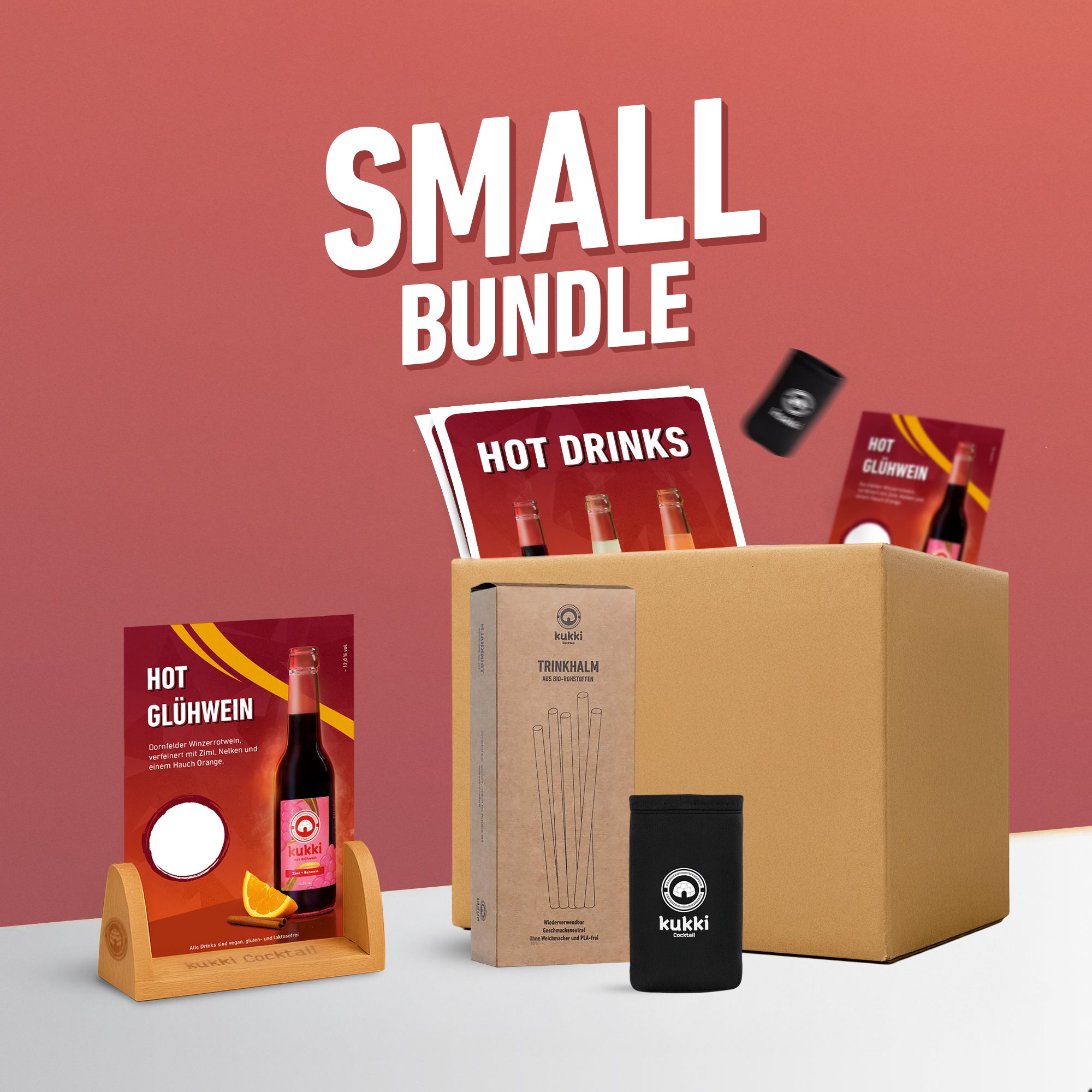 Hot Drinks Small Bundle mit kukki Cocktail Hot Glühwein, Bio-Trinkhalm und schwarzer Isolierhülle.