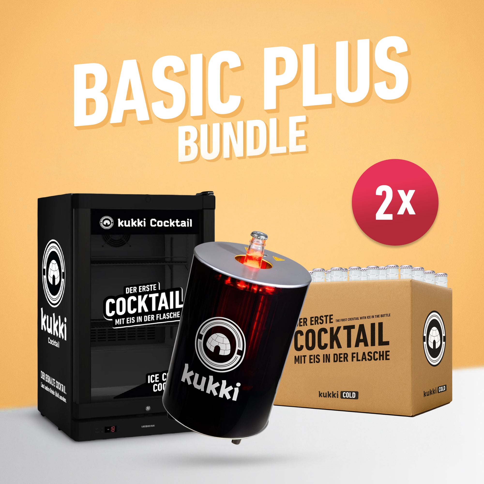 kukki Cocktail Basic Plus Bundle mit Mini-Kühlschrank, Zylinder und Karton voller Flaschen