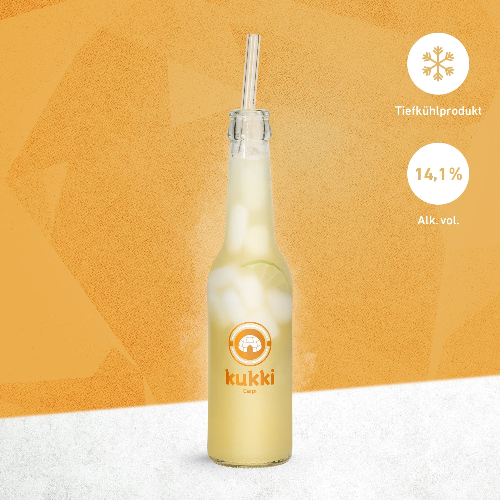 kukki Cocktail Caipi im klaren Glas mit Eiswürfeln und Limettenscheibe, Tiefkühlprodukt, 14,1 % Alkohol