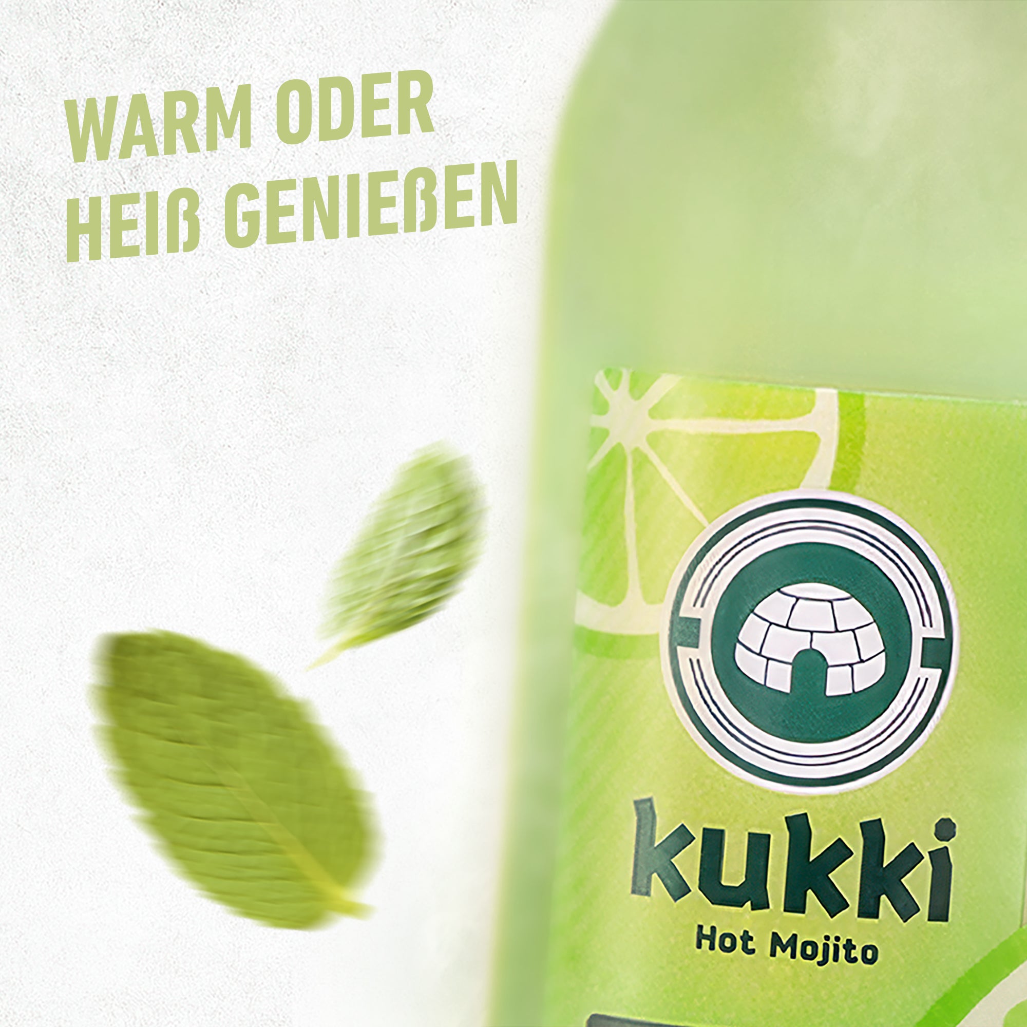 kukki Cocktail Hot Mojito Flasche mit Iglu-Logo und frischen Minzblättern in grüner Farbe