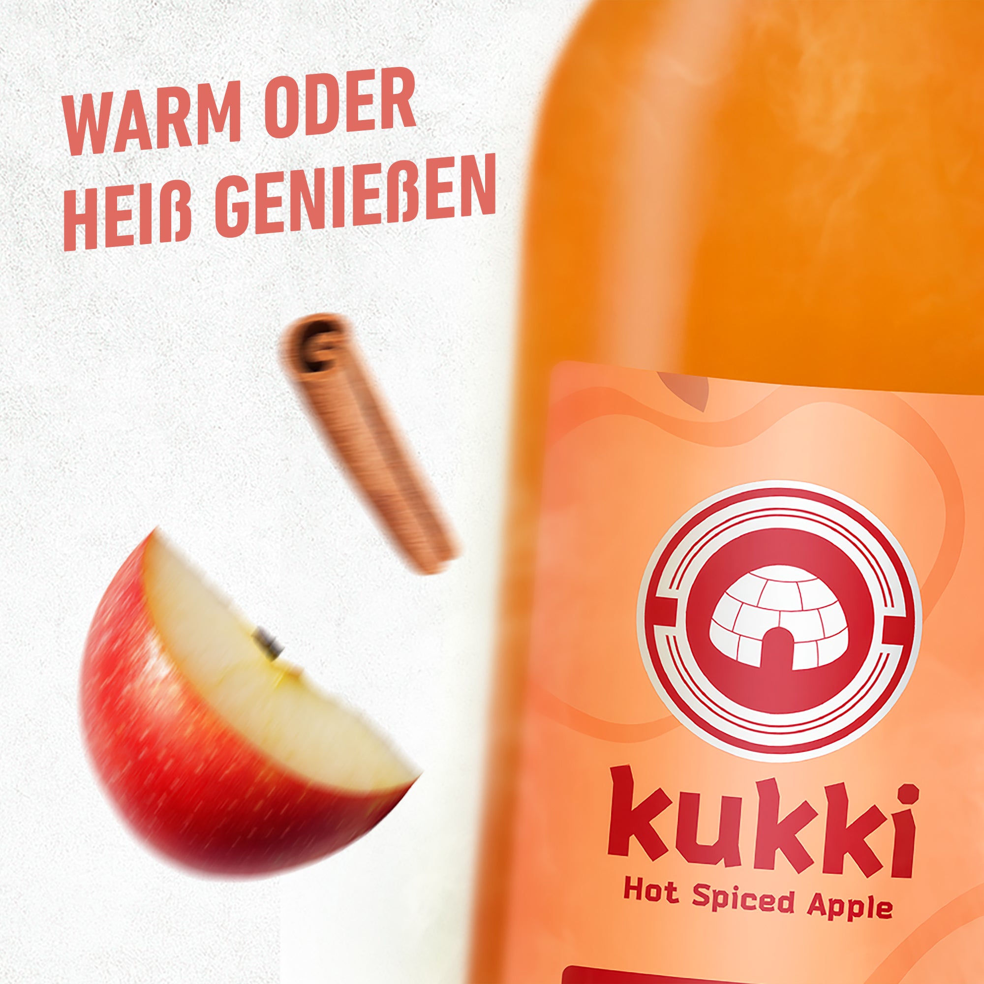 kukki Cocktail Hot Spiced Apple Flasche mit rotem kukki-Logo, Apfelscheibe und Zimtstange