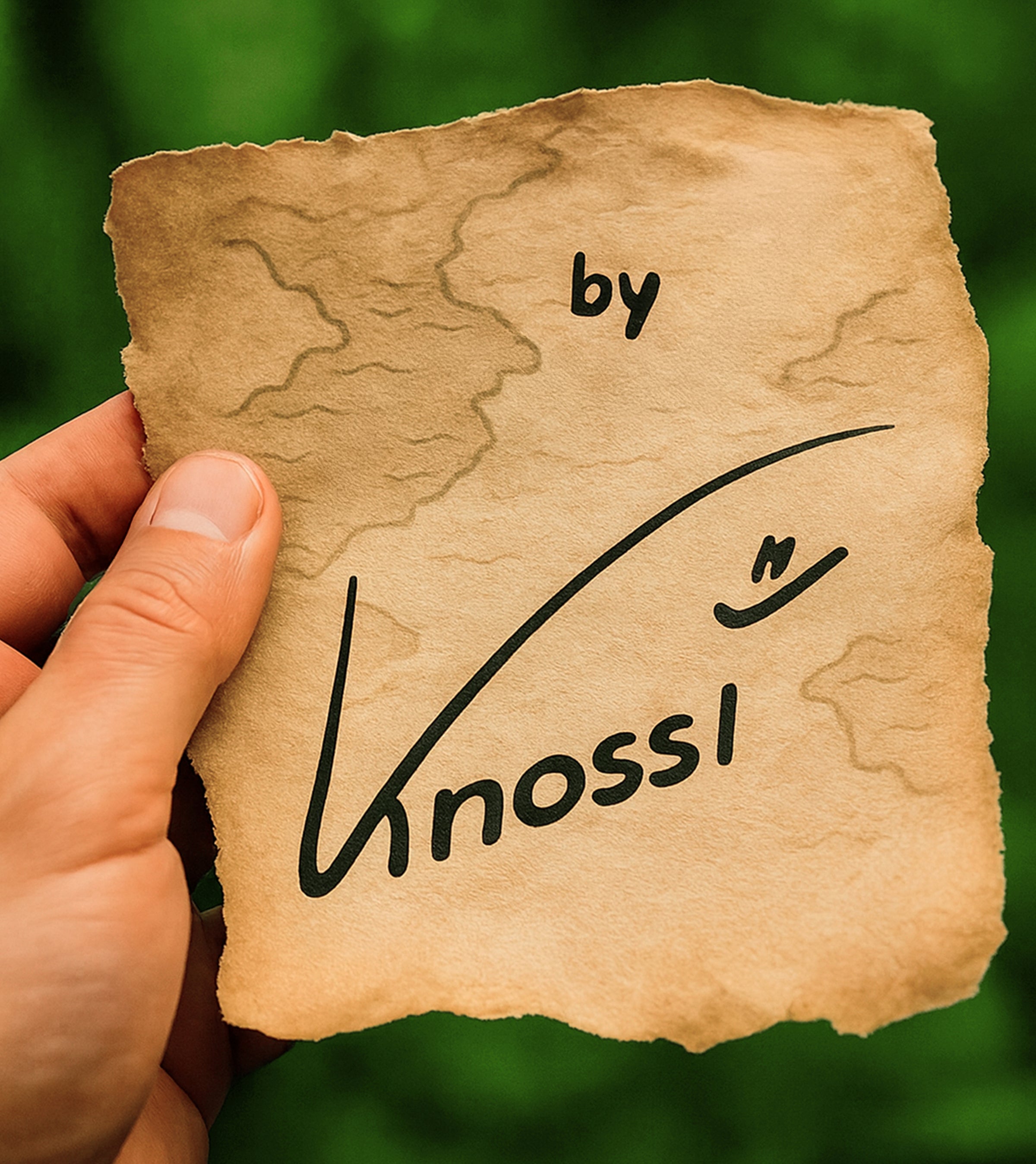 Hand mit altem Pergament 'by Knossi' vor grünem Naturhintergrund