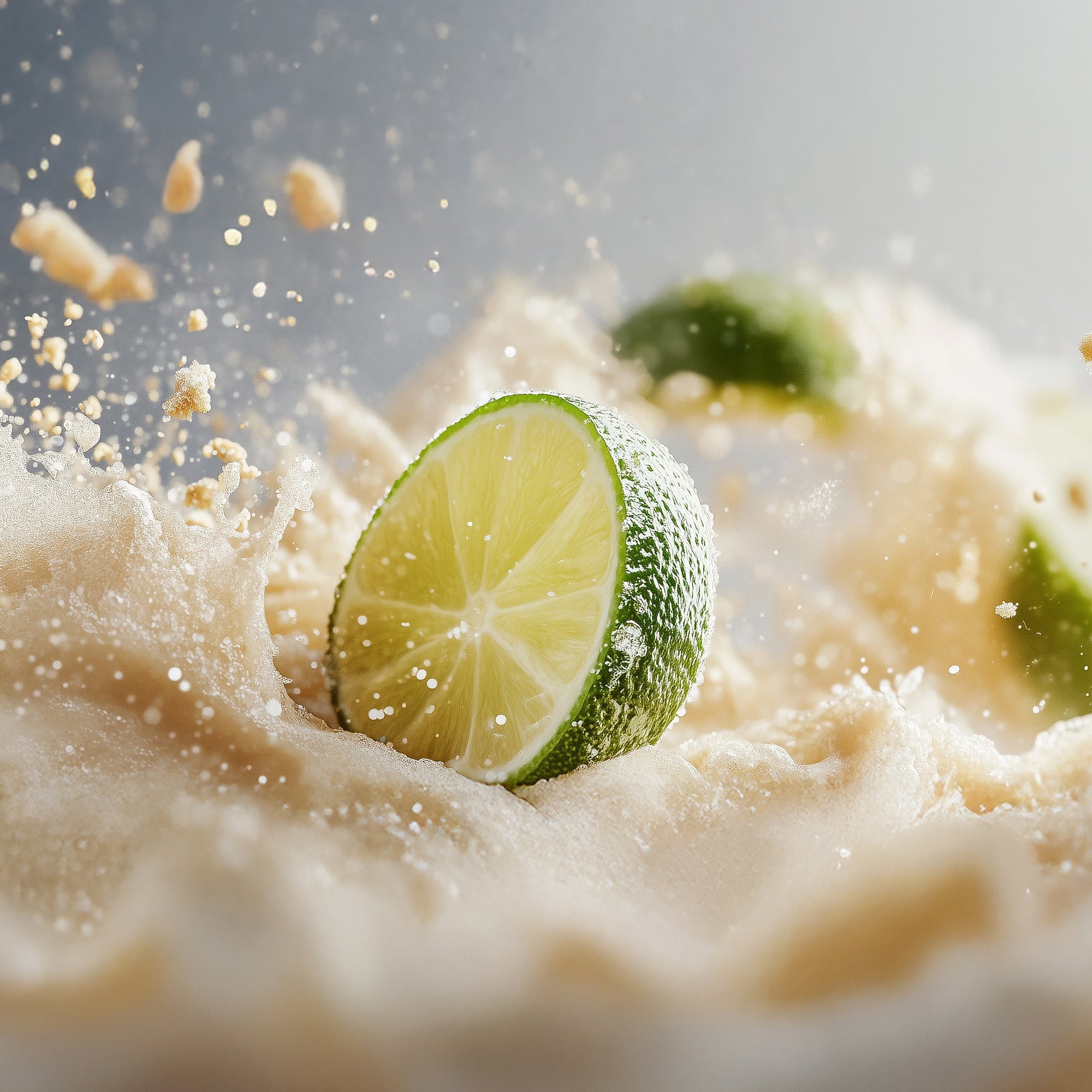 Vibrante Limettenscheibe taucht in cremigen, beigen, schaumigen Cocktail mit spritzenden Tropfen ein.