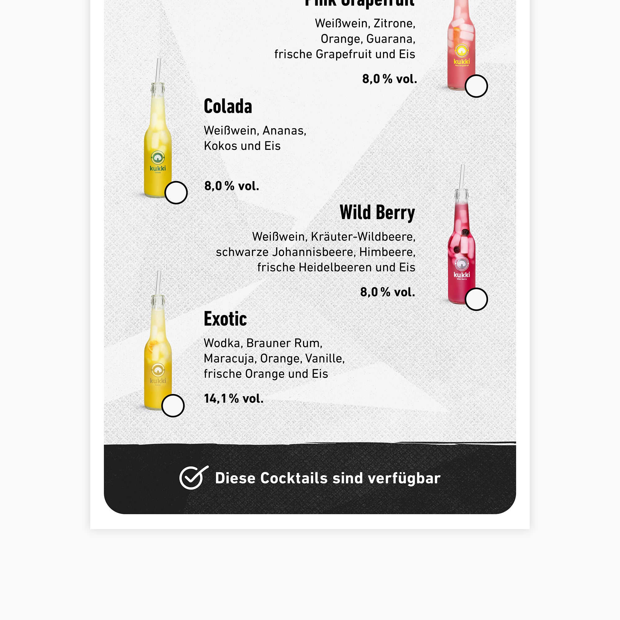 Vier farbige Flaschen kukki Cocktail mit Sorten Pink Grapefruit, Colada, Wild Berry und Exotic auf hellem Hintergrund.