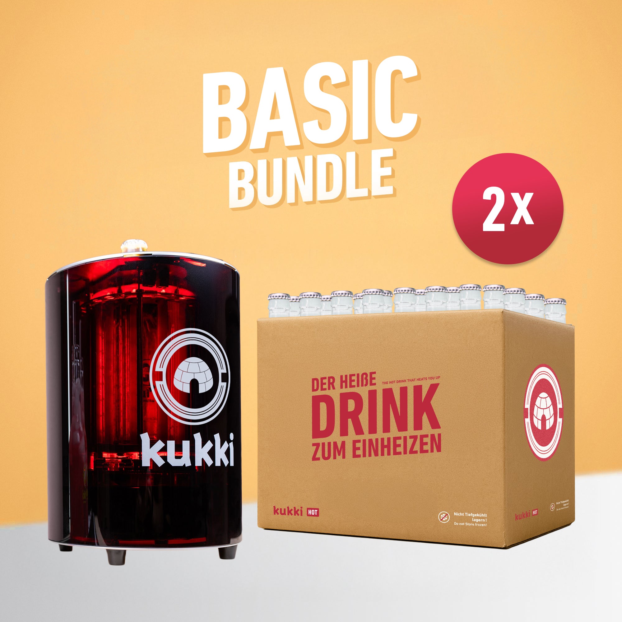 BASIC BUNDLE mit 2x kukki HOT Karton voller Glasflaschen und ein hohes, dunkelrotes kukki Gerät auf orangem Hintergrund.