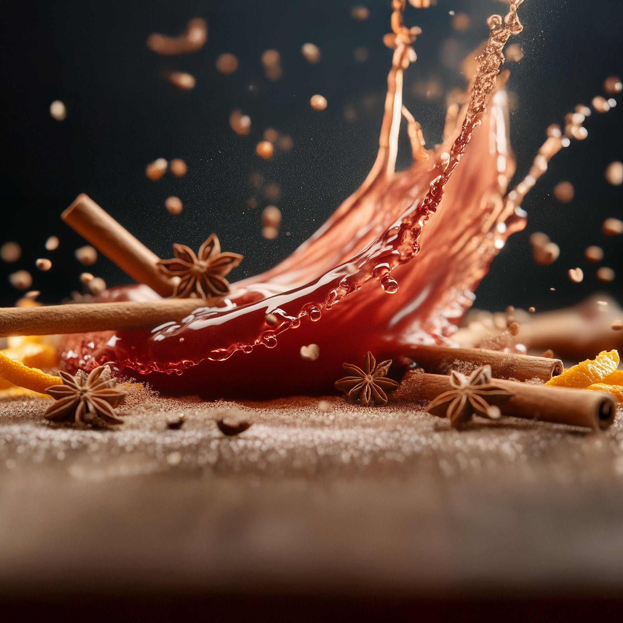 Dynamischer Splash von rotbrauner Flüssigkeit mit Zimtstangen, Sternanis, Orangenschale und Zuckerstreuseln auf dunklem Hintergrund.