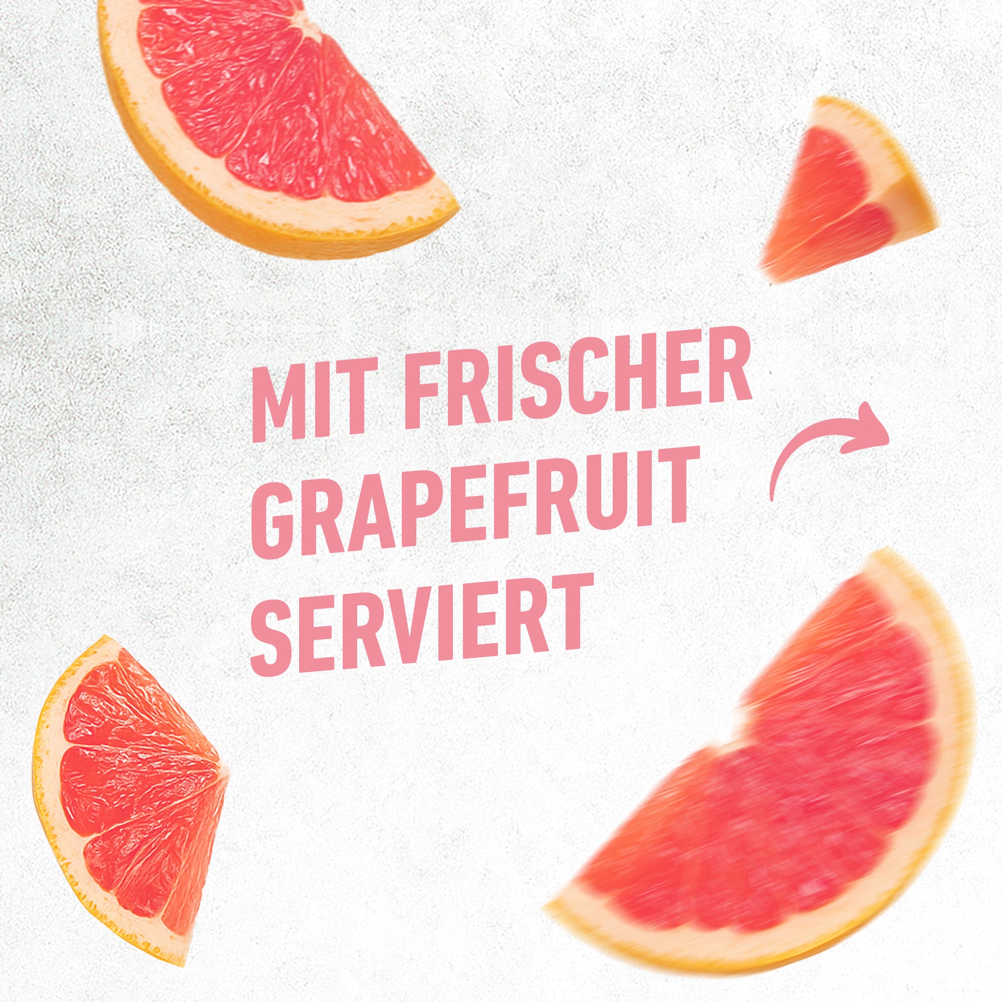 Vier Grapefruitschalen mit rotem Fruchtfleisch umgeben den Text 'mit frischer Grapefruit serviert'