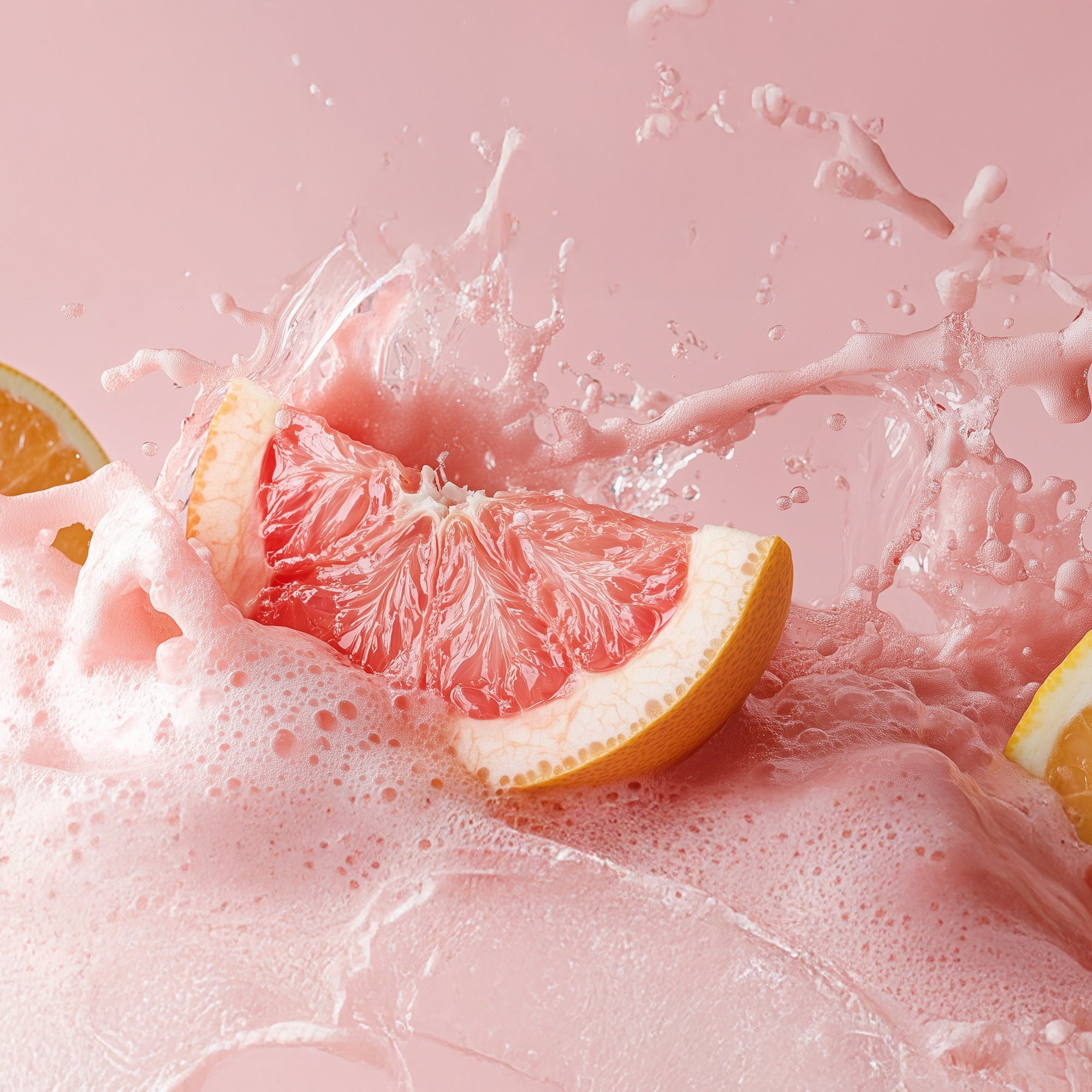 Frische Pink Grapefruit-Scheibe in spritzigem Schaum für kukki Cocktail Pink Grapefruit.