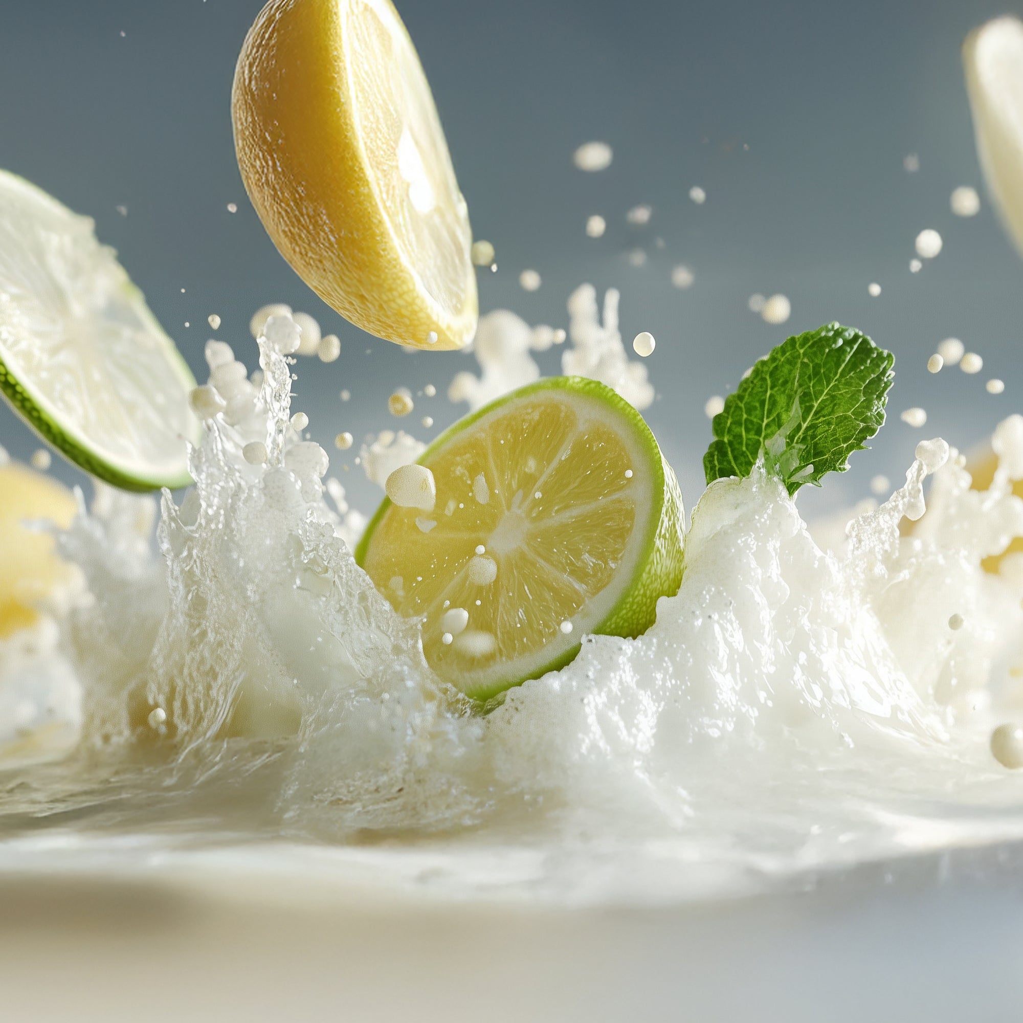 Frische Zitronen und Limetten mit Minzblatt spritzen in weiße Flüssigkeit für kukki Cocktail Caipi