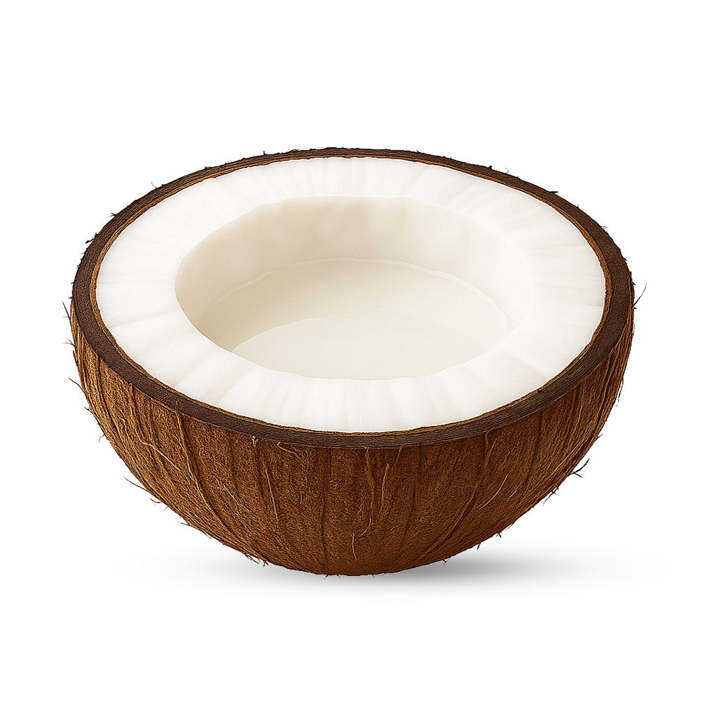 Halbe Kokosnuss mit brauner Schale, weißem Fruchtfleisch und klarem Kokoswasser.