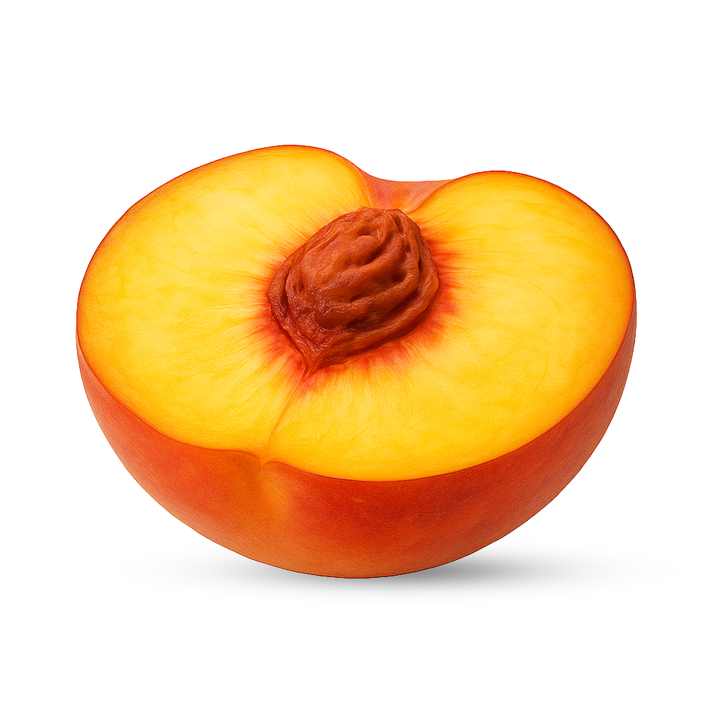 Halbe Pfirsichhälfte mit saftigem gelb-orangefarbenem Fruchtfleisch und braunem Kern vor weißem Hintergrund.