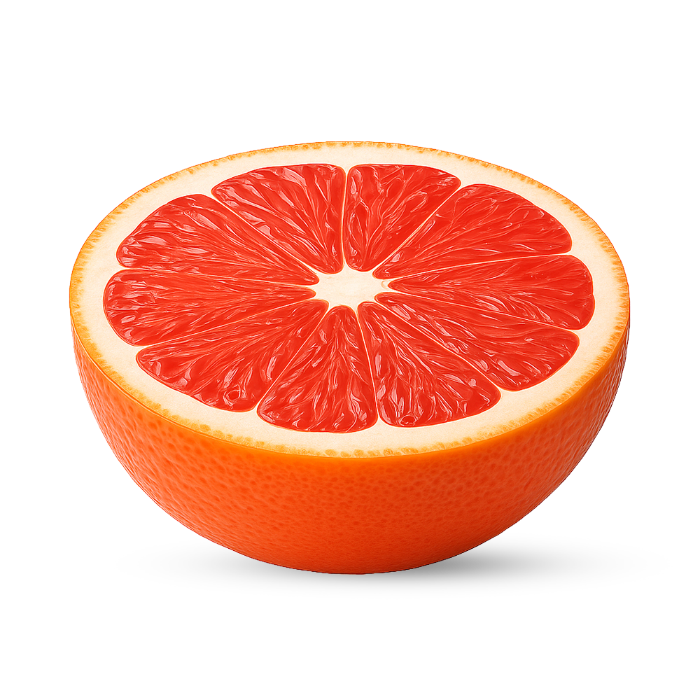 Halbe Pink Grapefruit mit rotem Fruchtfleisch und orangefarbener Schale
