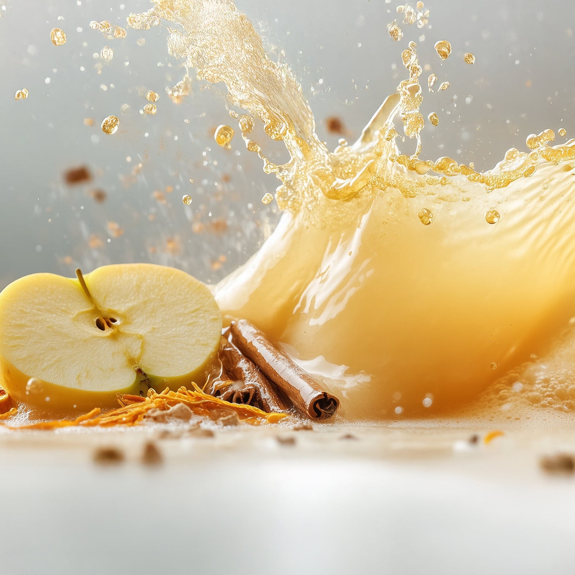 Ein halber grüner Apfel mit zwei Zimtstangen und einem goldgelben Saftsplash, Zutaten für kukki Cocktail.