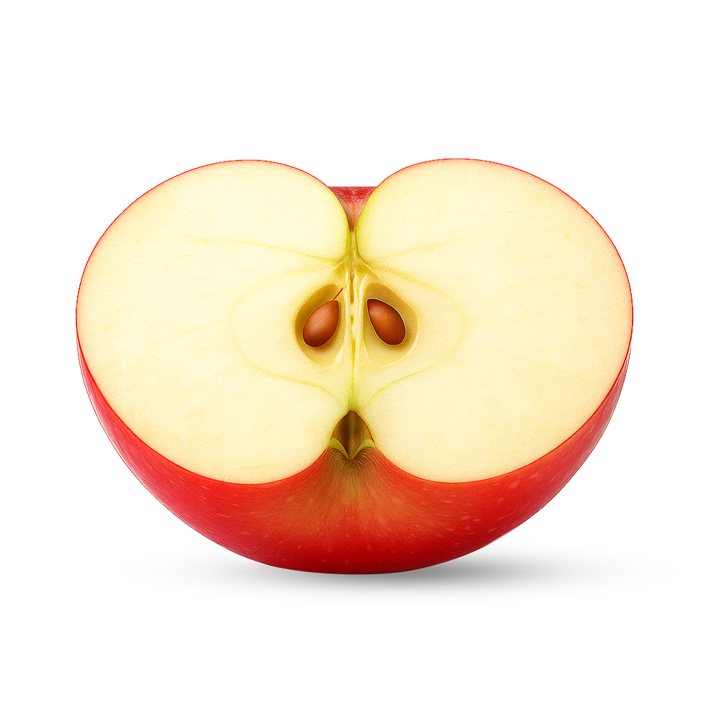 Halbierte rote Apfelhälfte mit braunen Kernen auf weißem Hintergrund, passend für kukki Cocktail Caipi.