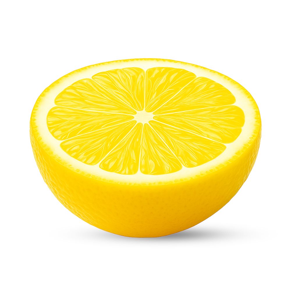 Helle Zitronenhälfte mit saftigem Fruchtfleisch und strukturierter Schale auf weißem Hintergrund