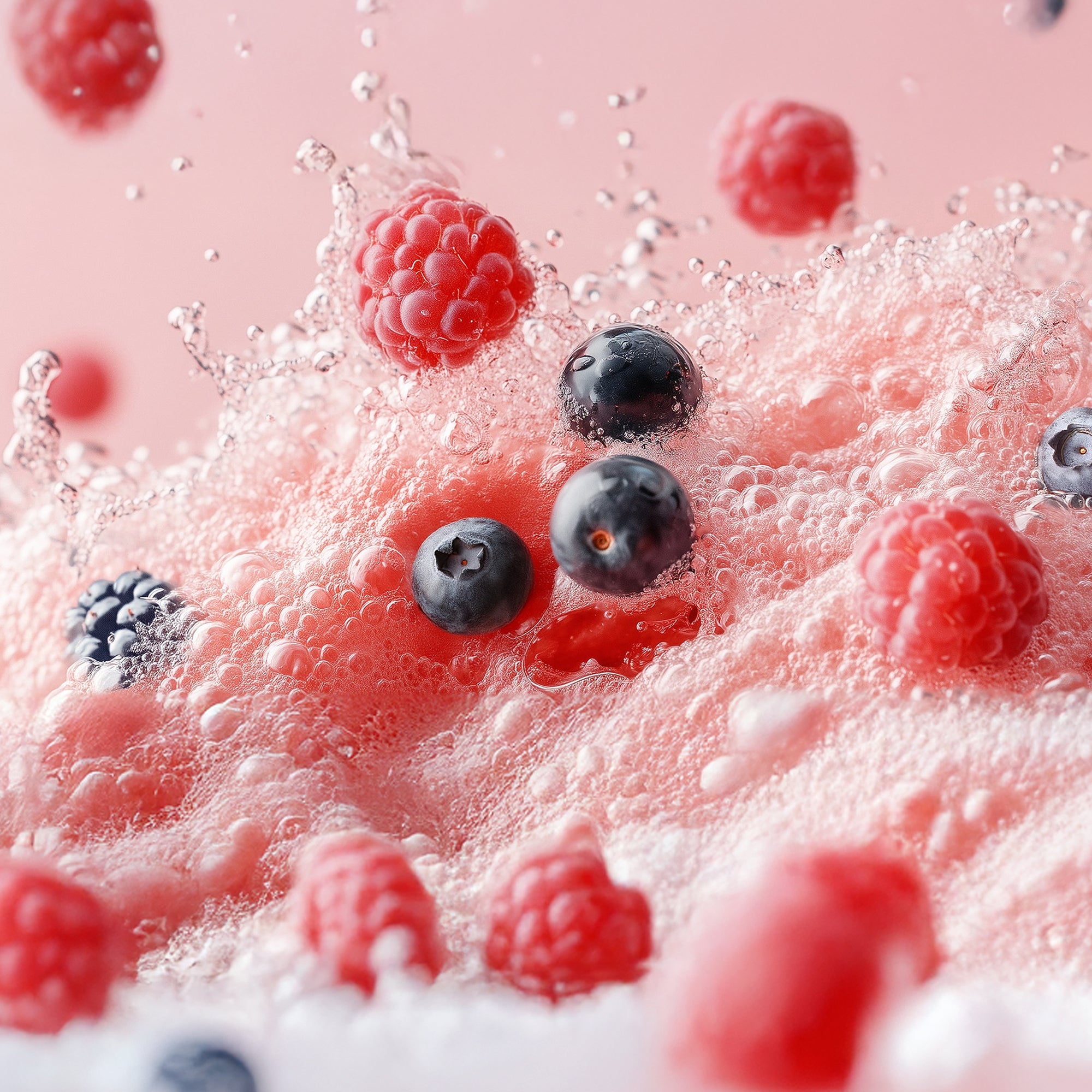 Frische Himbeeren und Blaubeeren in sprudelndem pinkfarbenem kukki Cocktail mit Spritzern und Schaum