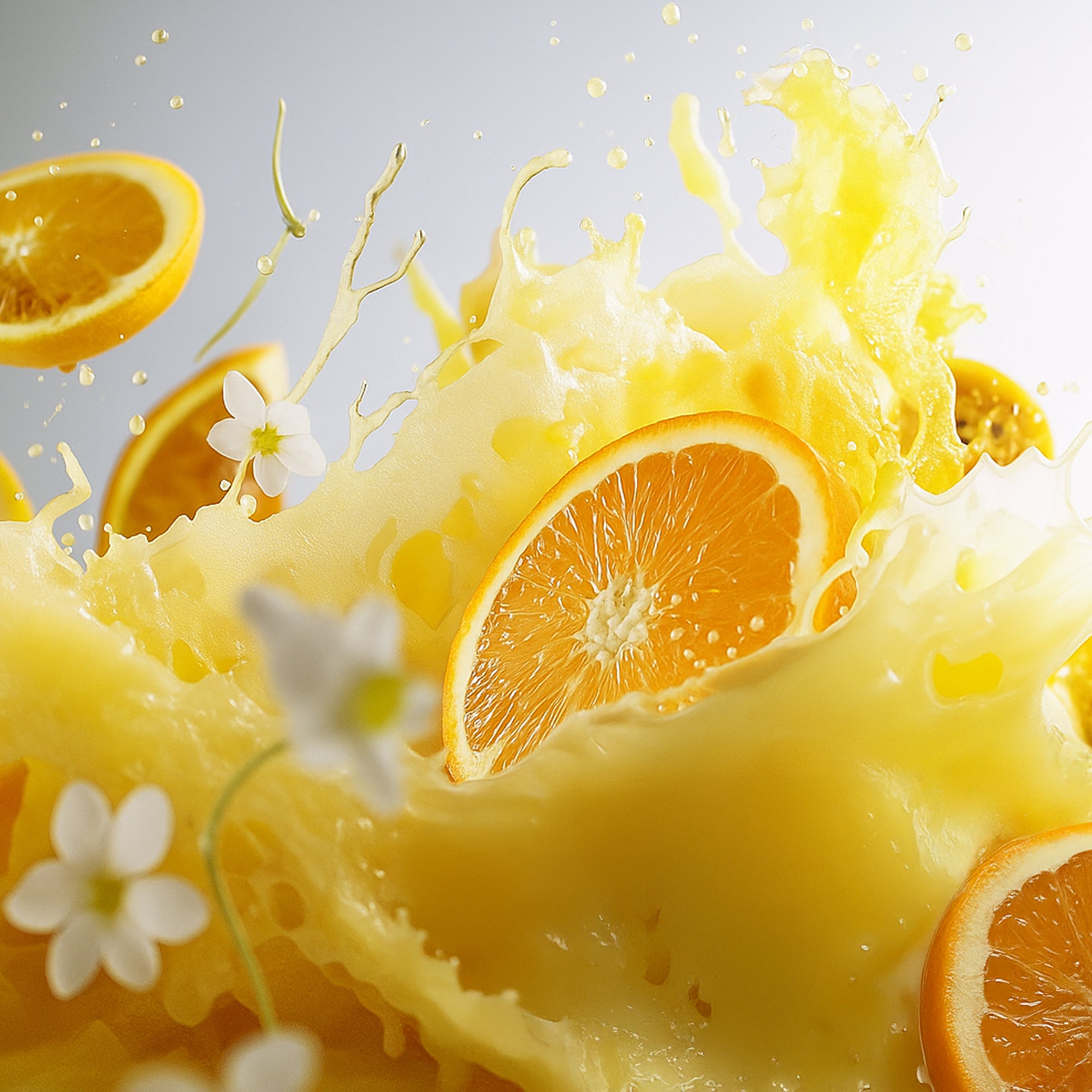 kukki Cocktail Caipi mit spritzigem Orangensaft und frischen Orangenscheiben vor grauem Hintergrund