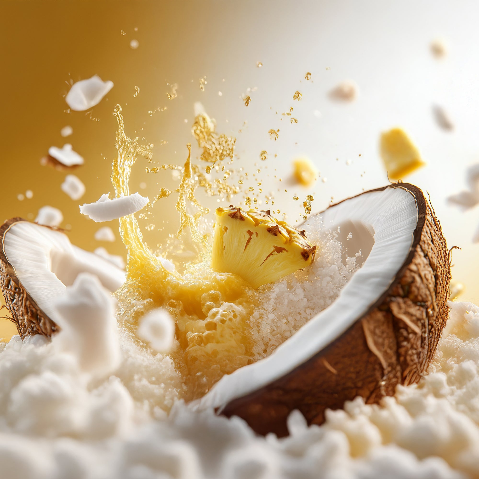 kukki Cocktail Colada mit gespritzter Ananas zwischen halbierten Kokosnüssen und Kokosraspeln