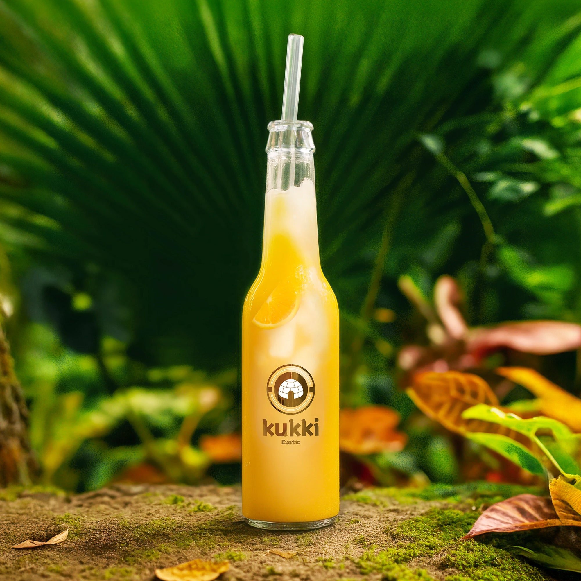 kukki Cocktail Exotic in Glasflasche mit Eis, Zitrone und Strohhalm, umgeben von Palmenblättern