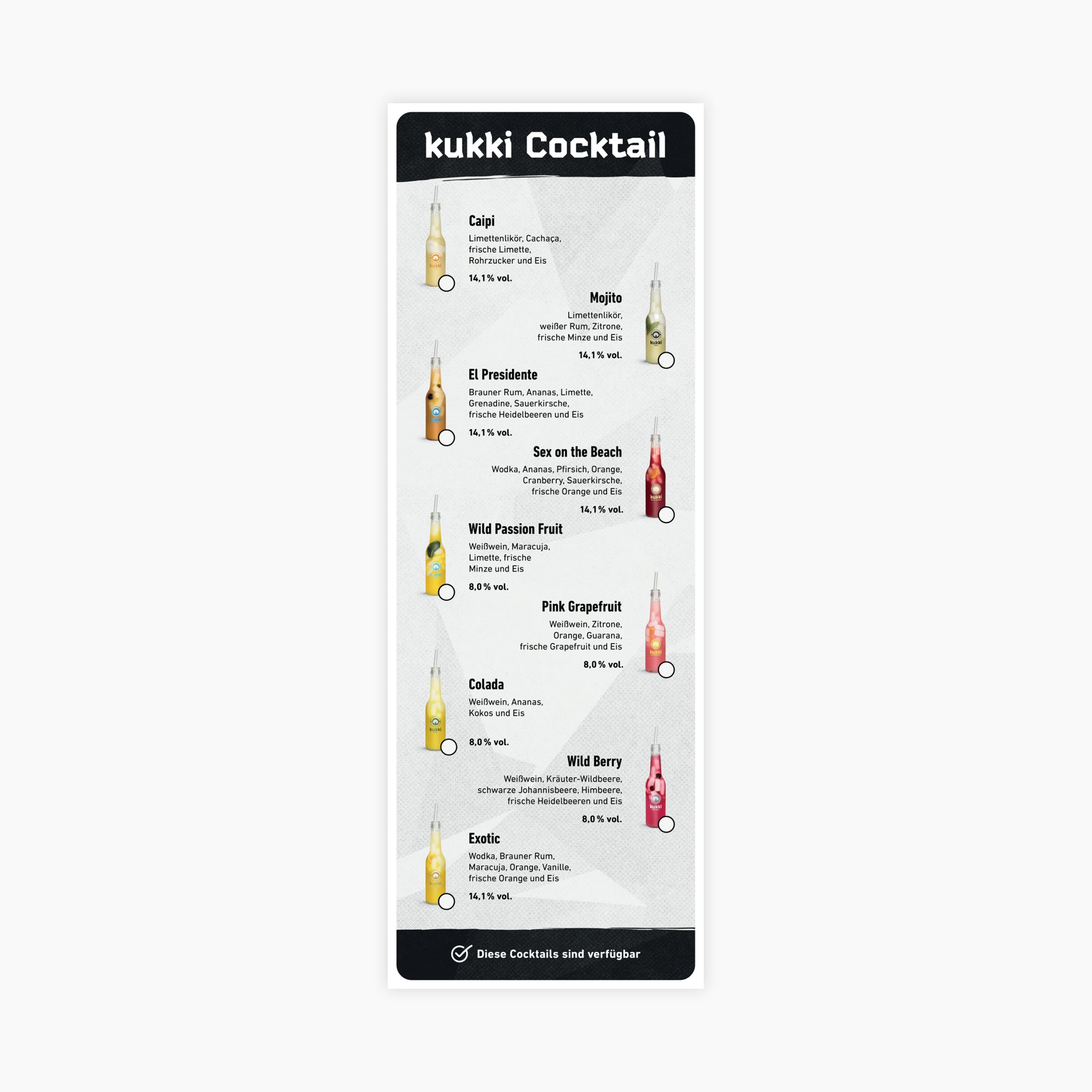 Vertikale Getränkekarte mit kukki Cocktail Sortiment, zeigt neun Cocktails mit Zutaten und farbigen Flaschen