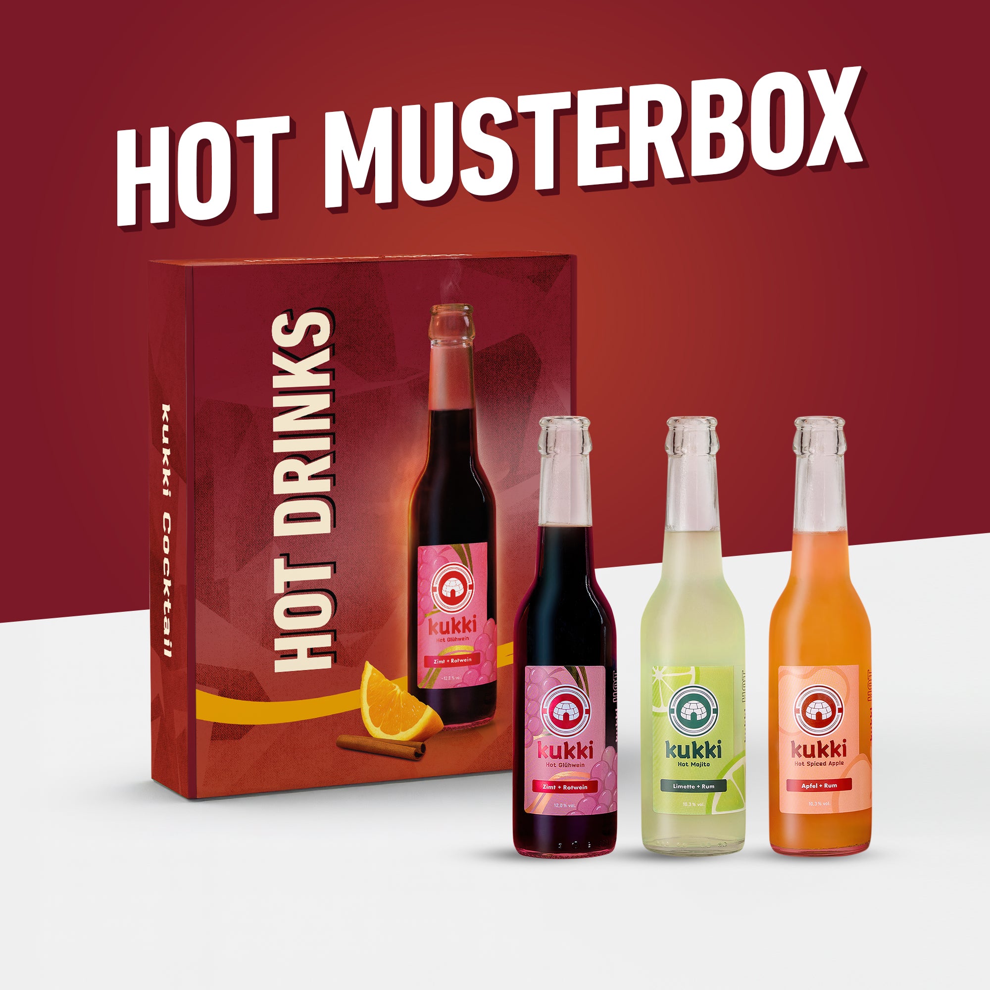 kukki Cocktail Hot Musterbox mit drei Glasflaschen: Glühwein, Mojito, Spiced Apple