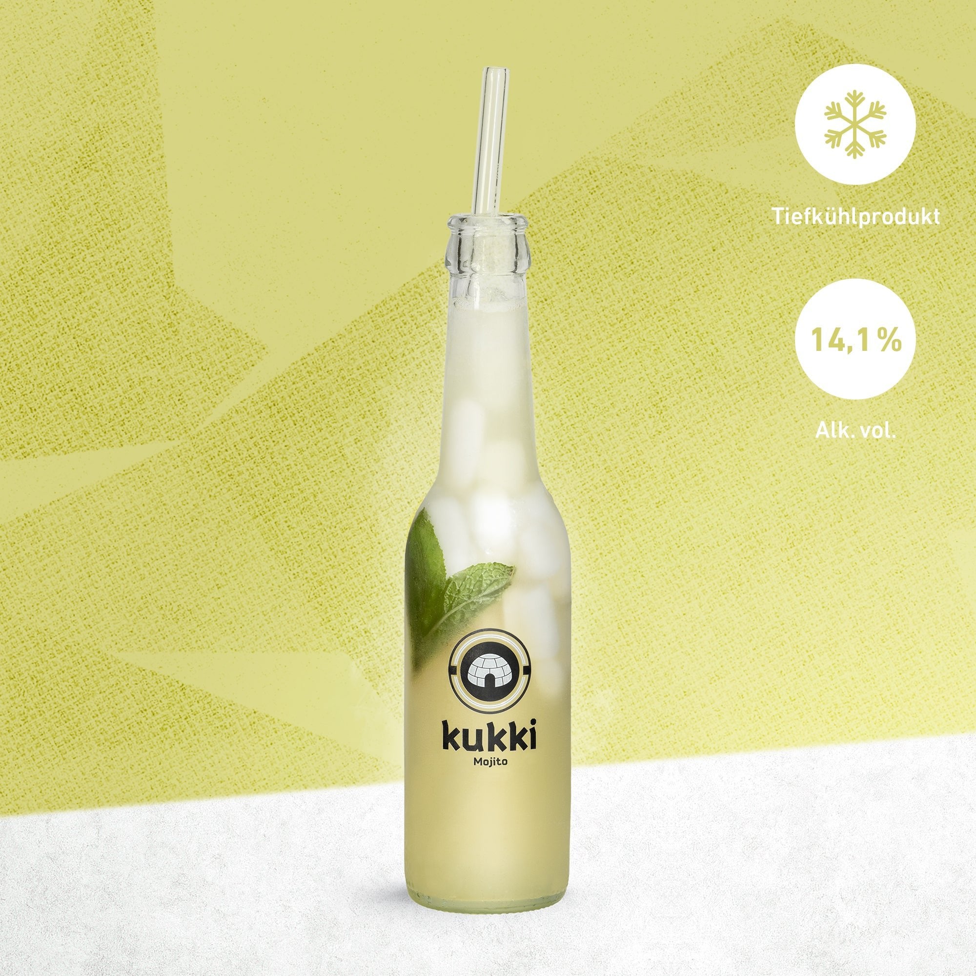 kukki Cocktail Mojito in einer Glasflasche mit Eiswürfeln und Minzblättern, tiefgekühlt mit 14,1 % Alkohol