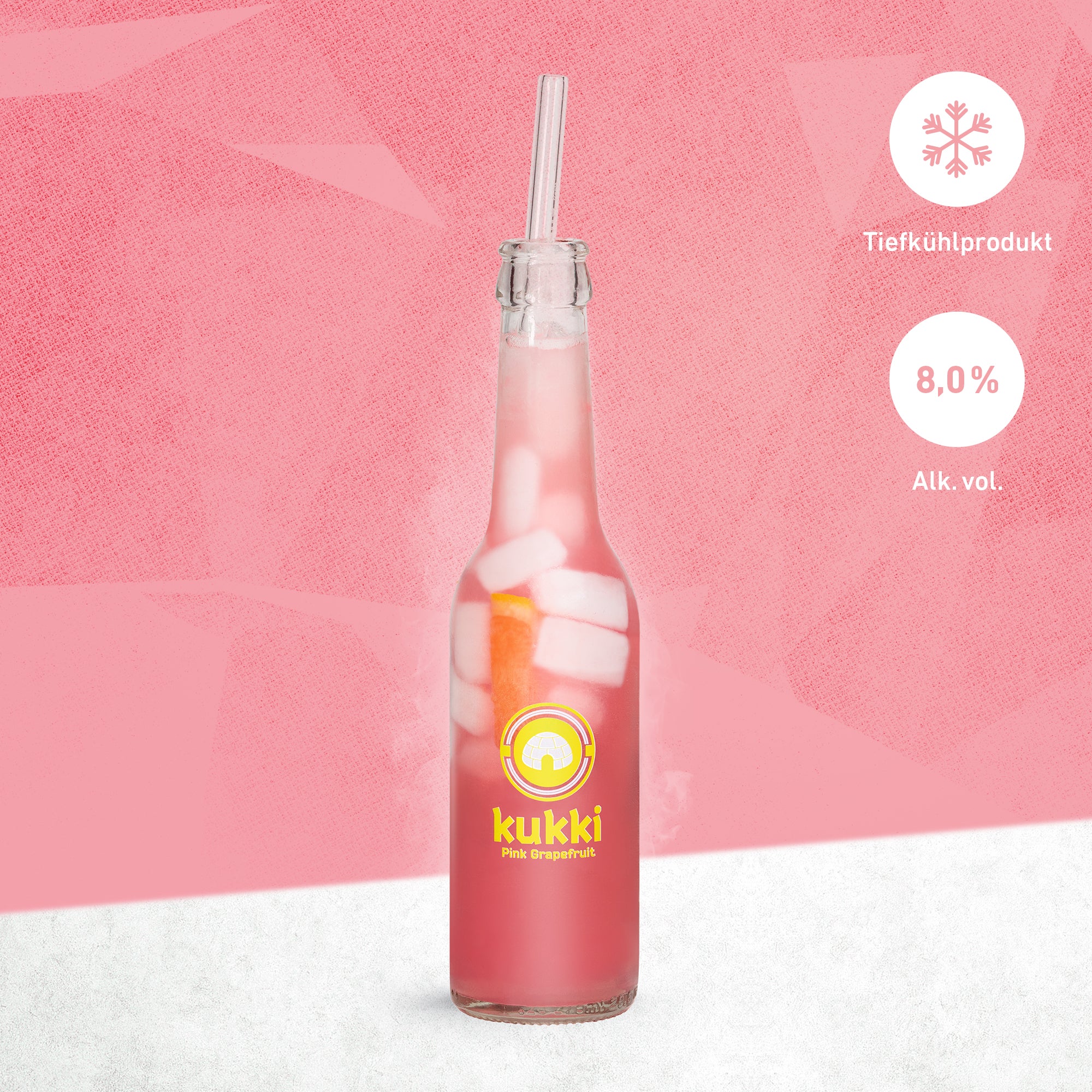 kukki Cocktail Pink Grapefruit in Glasflasche mit Eiswürfeln und Grapefruit-Scheibe, 8 Prozent Alkohol