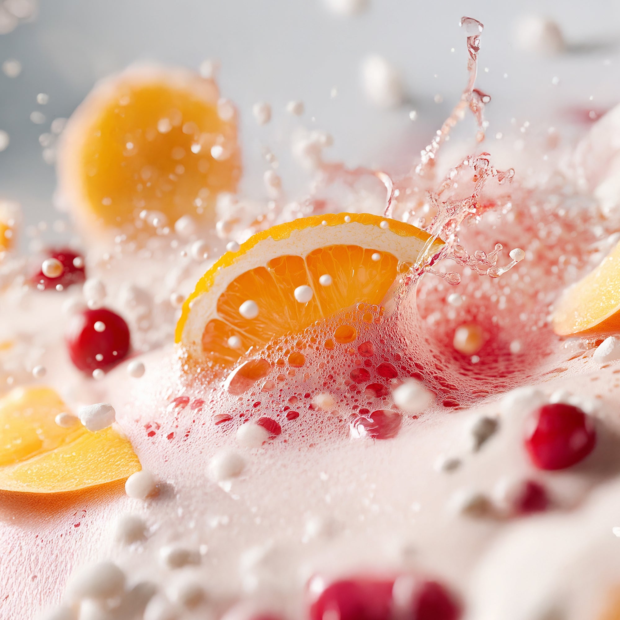 Nahaufnahme eines Orangenschnitzes in einem rosa schaumigen kukki Cocktail mit Preiselbeeren und Fruchtscheiben.