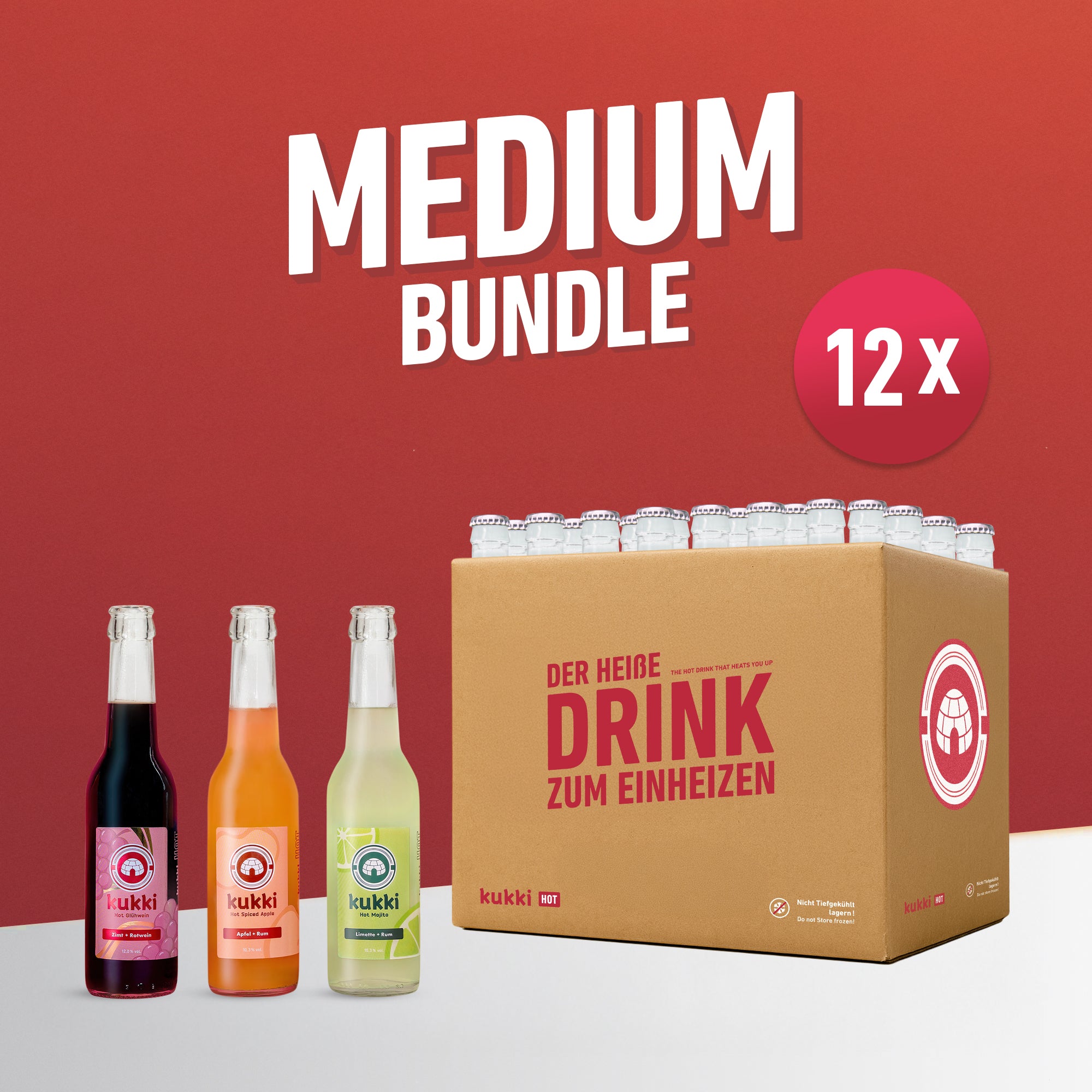 kukki hot bundle mit 12 Flaschen Hot Glühwein, Hot Spiced Apple und Hot Mojito in Glasflaschen in brauner Verpackung