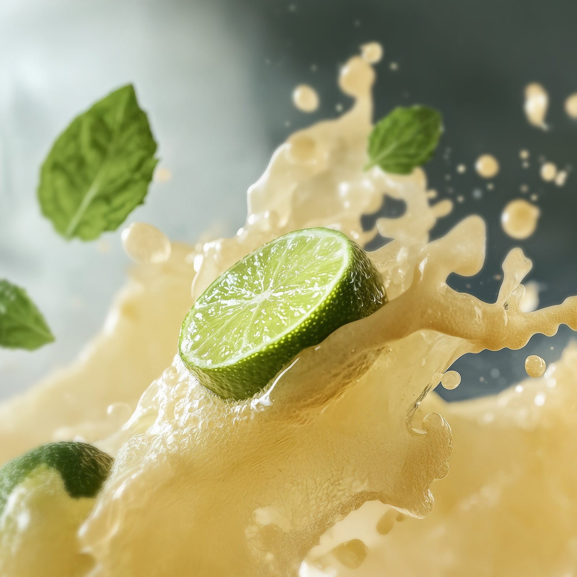 Frische Limettenscheibe mit spritziger Flüssigkeit und Minzblättern für kukki Cocktail Caipi.