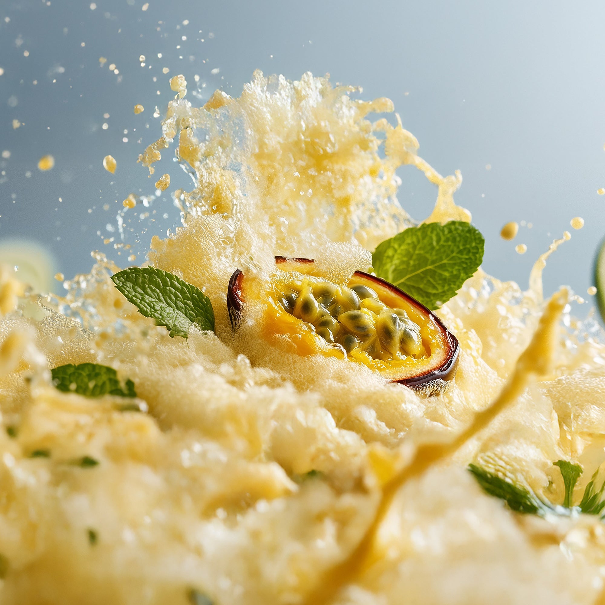 Gelber Passionsfruchtsaft spritzt mit frischen Minzblättern und halb geschnittener Passionsfrucht